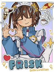  1other adapted_costume apron back_bow blonde_hair blue_background blue_jacket blush bob_cut border bow brown_hair character_name cherry closed_eyes closed_mouth colored_inner_hair commentary_request cup dande_lion2604 double_vertical_stripe english_text facing_viewer flower_pin food fork four-finger_heart_hands frilled_apron frills frisk_(undertale) fruit glass gradient_background hair_behind_ear hair_between_eyes hands_up headdress heart heart_hands highres ice_cream jacket jersey_maid knife long_sleeves maid maid_apron maid_headdress multicolored_hair omelet other_focus outline outside_border pink_background plate pocky puffy_long_sleeves puffy_sleeves short_hair simple_background smile solo sparkle track_jacket turtleneck turtleneck_jacket two-tone_hair unconventional_maid undertale upper_body utdr_(toby_fox) waist_apron white_apron white_border white_bow white_headdress white_outline 