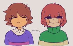  2025 2d 2others ambiguous_gender artist_name blue_shirt brown_hair chara_(undertale) child commentary cropped_torso digital_media double_horizontal_stripe duo english_commentary frisk_(undertale) green_shirt grey_background highres horizontal-striped_clothes human long_sleeves mochiidraws multiple_others other_focus pink_stripes shirt short_hair simple_background single_horizontal_stripe straight-on striped_clothes striped_shirt two-tone_shirt undertale utdr_(toby_fox) yellow_stripes 