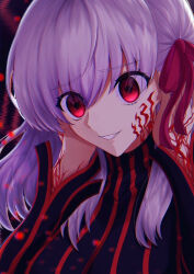  1girl black_dress commentary_request corruption crazy_smile dark_background dark_persona dark_sakura dress fate/stay_night fate_(series) hair_ribbon heaven's_feel matou_sakura portrait red_eyes red_ribbon ribbon smile striped_clothes striped_dress toho_wotaku vertical-striped_clothes vertical-striped_dress white_hair 