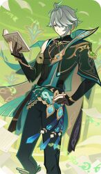  1boy abs alhaitham_(genshin_impact) antenna_hair bad_source black_gloves black_pants black_shirt book cable cape chest_jewel closed_mouth compression_shirt elbow_gloves falling_paper gem genius_invokation_tcg_(style) genshin_impact gloves gold_trim green_cape green_eyes green_gem green_hair green_sash grey_hair hair_between_eyes hand_on_own_hip hand_up headphones holding holding_book male_focus multicolored_hair official_art open_book pants paper parted_bangs partially_fingerless_gloves pectorals reading sash shirt short_hair sleeveless sleeveless_shirt solo standing swept_bangs tree vision_(genshin_impact) 
