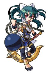  1girl anchor anklet armlet ball_and_chain_(weapon) bangle black_pants black_shoes blue_shirt bow bracelet chain cleavage_cutout clothing_cutout floating_hair framed_breasts gold_armlet gold_trim green_hair hair_between_eyes hair_bow harakawa_mitsuhiro high_ponytail holding holding_anchor holding_chain jewelry long_hair multicolored_shirt official_art pants pelvic_curtain ponytail red_eyes shinrabanshou shirt shizuku_(shinrabanshou) shoes skin_tight solo third-party_source transparent_background weapon white_bow white_shirt 