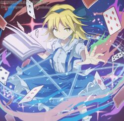  1girl alice_margatroid alice_margatroid_(pc-98) blonde_hair blue_hairband blue_skirt book card child closed_mouth club_(shape) collared_shirt commentary diamond_(shape) grimoire grimoire_of_alice gurina_15 hairband heart highres holding holding_book looking_at_viewer magic magic_circle playing_card puffy_short_sleeves puffy_sleeves shirt short_sleeves skirt smile solo spade_(shape) suspender_skirt suspenders touhou touhou_(pc-98) watermark white_shirt yellow_eyes 