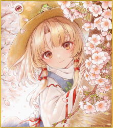 1girl animal_on_head animal_print artist_name blonde_hair brown_hat cherry_blossoms closed_mouth commentary_request dated falling_petals flower frog frog_print hair_ribbon hat long_sleeves looking_at_viewer marker_(medium) moriya_suwako on_head petals pink_flower pink_petals purple_vest red_ribbon ribbon s.mamiya solo touhou traditional_media tress_ribbon vest wide_sleeves yellow_eyes 