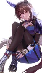  1girl admire_vega_(starry_nocturne)_(umamusume) admire_vega_(umamusume) animal_ears asymmetrical_footwear blue_capelet blue_dress bodice breasts brown_hair brown_pantyhose capelet closed_mouth dress ear_covers gloves hair_between_eyes highres horse_ears horse_girl horse_tail knees_up long_hair long_sleeves low_ponytail mismatched_footwear necktie pantyhose ponytail simple_background single_ear_cover solo tail toryo_(yukhop_961) umamusume violet_eyes white_background white_necktie 