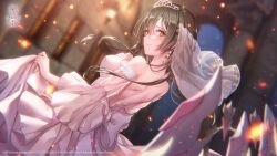  1girl back back_bow bare_back blurry blush bow braid breasts bride brown_hair closed_mouth copyright_name copyright_notice cowboy_shot depth_of_field detached_sleeves dress dutch_angle earrings floating_hair from_behind furrowed_brow hair_between_eyes half_up_braid heaven_burns_red highres indoors jewelry large_breasts long_hair long_sleeves looking_at_viewer looking_back official_alternate_costume official_art official_wallpaper ooshima_ichiko ooshima_ichiko_(sweet_phantasy) skirt_hold smile solo sparks strapless strapless_dress tiara wavy_mouth wedding_dress white_dress wide_sleeves yellow_eyes 