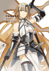  1girl arm_up bare_shoulders battle_standard blonde_hair blue_eyes chain couter cowboy_shot dress earrings elbow_gloves expressionless fate/grand_order fate_(series) flag fur-trimmed_gloves fur_trim gauntlets gloves headpiece holding holding_flag jeanne_d'arc_(fate) jeanne_d'arc_(ruler)_(fate) jeanne_d'arc_(third_ascension)_(fate) jewelry lidd long_hair looking_at_viewer luminosite_eternelle parted_lips plackart solo sword_of_st._catherine_(fate) vambraces very_long_hair white_dress 