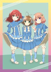  3girls ahoge animal_slippers arm_behind_head bloomers blue_dress blue_flower blue_headband blue_skirt blue_socks bocchi_the_rock! brown_hair cardcaptor_sakura clothes_lift commission cosplay crossover dress flower frilled_dress frills gochuumon_wa_usagi_desu_ka? gradient_background green_background green_eyes hair_ornament hairclip happy headband highres hoto_cocoa interlocked_fingers juliet_sleeves kinomoto_sakura kinomoto_sakura_(cosplay) kinomoto_sakura_(gift) kita_ikuyo long_sleeves looking_at_viewer multiple_girls official_alternate_costume open_mouth orange_hair puffy_long_sleeves puffy_sleeves red_hair runa44 short_hair skirt skirt_lift slippers smile socks violet_eyes white_bloomers 