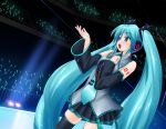  aqua_eyes aqua_hair detached_sleeves dutch_angle female hand_on_chest hatsune_miku headphones necktie open_mouth pleated_skirt singing tattoo thigh-highs thighhighs twintails very_long_hair vocaloid 