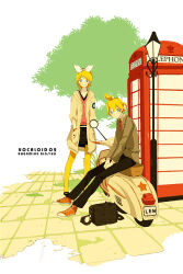  1boy 1girl alternate_costume bag black_bag black_pants black_skirt blonde_hair bow brother_and_sister character_name commentary_request converse drawstring dress_shirt english_text hands_in_pockets hood hooded_jacket jacket kagamine_len kagamine_rin kuko lamppost layered_clothes leaning_forward license_plate long_sleeves looking_at_viewer looking_to_the_side mary_janes motor_vehicle necktie orange_shoes outdoors own_hands_clasped own_hands_together pants pantyhose pavement phone_booth plant pocket rear-view_mirror ribbon road satchel scooter shirt shoes short_hair siblings sideways_glance sitting skirt smile standing star_(symbol) street tree v-neck vocaloid white_shirt yellow_pantyhose 