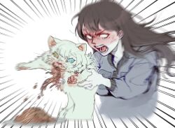  1girl anger_vein angry animalization bang_dream! bang_dream!_it's_mygo!!!!! black_hair blue_eyes cat commentary_request eating falcorusti food grey_hair heterochromia highres kaname_raana korean_commentary long_hair long_sleeves multiple_girls open_mouth pasta raana_the_cat shiina_taki short_hair shouting simple_background spaghetti teeth v-shaped_eyebrows white_background white_hair yellow_eyes 