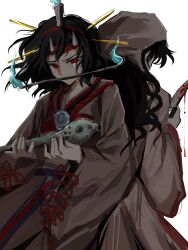  2others androgynous back-to-back black_hair blood blood_drip blood_on_knife blue_fire bow bowtie brooch brown_headscarf brown_kimono chinese_commentary commentary_request cowboy_shot downturned_eyes dual_persona fire from_behind furrowed_brow hair_ornament hair_through_headwear hairband hairpin headband headscarf highres holding holding_knife japanese_clothes jewelry kimono knife len'en long_hair long_sleeves looking_at_object medium_hair mouth_guard multiple_hairpins multiple_others one-hour_drawing_challenge other_focus otogisum3 red_bow red_bowtie red_eyes red_hairband red_headband red_ribbon ribbon sad saeda_flute simple_background sleeve_ribbon taira_no_chouki taira_no_chouki_(living) very_long_hair wavy_hair white_background wide_sleeves 