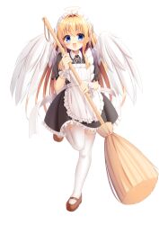  1girl :d absurdres angel angel_wings apron black_dress blonde_hair blue_eyes blush broom brown_shoes commentary_request dress feathered_wings frilled_apron frilled_dress frilled_wrist_cuffs frills full_body hair_intakes halo highres hiragana_iroiro holding holding_broom long_hair looking_at_viewer maid neck_ribbon open_mouth original petticoat ribbon shoes smile solo standing standing_on_one_leg tachi-e thigh-highs traditional_halo white_apron white_ribbon white_thighhighs white_wrist_cuffs wings wrist_cuffs zettai_ryouiki 
