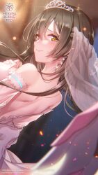  1girl back back_bow bare_back blurry blush bow braid breasts bride brown_hair closed_mouth copyright_name copyright_notice cowboy_shot depth_of_field detached_sleeves dress dutch_angle earrings floating_hair from_behind furrowed_brow hair_between_eyes half_up_braid heaven_burns_red highres indoors jewelry large_breasts long_hair long_sleeves looking_at_viewer looking_back official_alternate_costume official_art official_wallpaper ooshima_ichiko ooshima_ichiko_(sweet_phantasy) smile solo sparks strapless strapless_dress tiara wavy_mouth wedding_dress white_dress yellow_eyes 