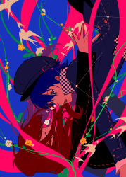  2girls absurdres blue_background blue_eyes blue_hair blue_hat blue_jacket brown_hair chinese_commentary commentary_request falling fengdi_kazefue hat highres jacket kujikawa_rise long_sleeves looking_at_another multiple_girls open_mouth outstretched_arms persona persona_4 pink_ribbon ribbon shirogane_naoto short_hair upper_body 