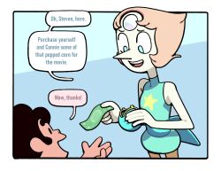  1boy 1girl banknote blue_eyes child coin_purse colored_skin discount-supervillain dollar_bill forehead_jewel gem gem_(steven_universe) money open_mouth pearl_(gemstone) pearl_(steven_universe) pointy_nose short_hair smile speech_bubble star_(symbol) steven_quartz_universe steven_universe white_skin 