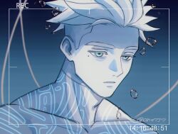  1boy aqua_eyes blonde_hair body_tube bodysuit bubble colored_eyebrows colored_eyelashes forehead highres male_focus millions_knives mole mole_under_eye one737428390075 portrait recording short_hair solo stasis_tank time_paradox trigun trigun_stampede unconscious underwater white_bodysuit 