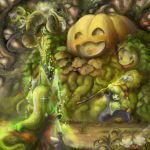  charlotte green healing highres jack-o&#039;-lantern jack-o'-lantern kevin leaf magic mispolm mokkemokke pumpkin riesz seiken_densetsu seiken_densetsu_3 staff vines 