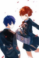 1boy 1girl black_jacket black_skirt blue_hair bow bowtie brown_hair closed_mouth falling_petals gekkoukan_high_school_uniform hair_ornament hairclip hands_in_pockets jacket long_sleeves looking_at_viewer looking_back neck_ribbon persona persona_3 persona_3_portable petals ponytail red_bow red_ribbon ribbon rrrrrrrrrrrou1 school_uniform shiomi_kotone short_hair simple_background skirt white_background yuuki_makoto_(persona_3) 