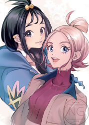  2girls :d black_hair blonde_hair blue_eyes blue_hoodie brown_jacket commentary_request covered_collarbone cube_hair_ornament earclip eyelashes grey_eyes hair_ornament hood hood_down hoodie jacket lida_(pokemon) long_hair mimitz multiple_girls open_clothes open_jacket open_mouth pokemon pokemon_legends:_z-a ribbed_shirt shirt smile taunie_(pokemon) teeth topknot turtleneck turtleneck_shirt upper_teeth_only watermark zipper 