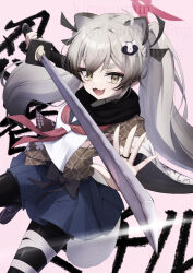  1girl :3 :d ahoge animal_ears black_pantyhose blue_archive blue_skirt commentary_request cowboy_shot dutch_angle eyeshadow fang fangs grey_hair hair_intakes halo hands_up highres holding holding_sword holding_weapon katana kimagurain long_hair long_sleeves looking_at_viewer makeup michiru_(blue_archive) miniskirt neckerchief ninja outstretched_hand pantyhose partial_commentary pink_background pleated_skirt raccoon_ears raccoon_girl raccoon_hair_ornament raccoon_tail red_eyeshadow red_halo red_neckerchief school_swimsuit school_uniform shirt sidelocks simple_background skirt smile solo swimsuit sword tail thick_eyebrows twintails v-shaped_eyebrows very_long_hair watermark weapon white_shirt wide_sleeves yellow_eyes 