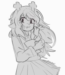  1girl 2025 2d animal_ears anthro antlers artist_name body_fur cowboy_shot deer deer_ears deer_girl deltarune digital_media female female_only furry furry_female hand_up highres holding long_hair looking_at_viewer mammal mochiidraws monochrome noelle_holiday reindeer reindeer_girl simple_background sketch skirt solo utdr_(toby_fox) white_background 