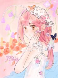  1girl bare_arms bare_shoulders black_butterfly blunt_bangs brown_eyes bug butterfly character_name chinese_commentary closed_mouth commentary_request dress expressionless eyelashes falling_flower floral_background flower frilled_dress frilled_straps frills frown garden_of_time_(shining_nikki) hair_flower hair_ornament hand_on_own_cheek hand_on_own_face hat highres holding holding_flower jieqingqiu56253 lips long_hair looking_at_viewer loose_hair_strand nikki_(nikki) nikki_(series) petals pink_background pink_hair pink_lips plant purple_flower red_flower red_rose ribbon rose rose_petals shadow shining_nikki shoulder_ribbon sleeveless sleeveless_dress solo sundress upper_body veil vines water white_dress white_hat white_ribbon white_veil 