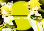  absurdres choker closed_eyes detached_sleeves hand_on_headphones headphones highres kagamine_len kagamine_len_(append) kagamine_rin kagamine_rin_(append) len_append nail_polish open_mouth outstretched_arm ponytail popped_collar rin_append singing vocaloid vocaloid_append yellow 