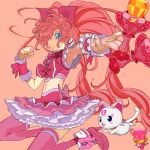 1girl armpits blue_eyes bow cure_melody fairy_tone hair_over_one_eye hammy houjou_hibiki hummy_(suite_precure) long_hair magical_girl midriff miracle_belltier navel outstretched_arm pink pink_background pink_hair pink_legwear pink_thighhighs precure suite_precure thigh-highs thighhighs twintails very_long_hair yuuki_(irodo_rhythm)