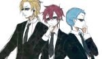  asbel_lhant bad_id blue_hair brown_hair earphones formal hubert_ozwell male malik_caesars multiple_boys necktie suit sunglasses tales_of_(series) tales_of_graces white_background ws_(pixiv) 