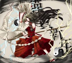  1girl between_fingers bow brown_hair commentary_request detached_sleeves electricity gohei hair_bow hair_tubes hakurei_reimu happy_new_year highres holding holding_gohei holding_ofuda long_hair nubezon ofuda ofuda_between_fingers orb red_eyes red_skirt ribbon-trimmed_sleeves ribbon_trim sandals skirt skirt_set socks solo touhou translation_request very_long_hair white_socks yin_yang yin_yang_orb 