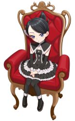  1girl :o black_dress black_hair black_pantyhose black_shoes black_sleeves blue_eyes chair commentary detached_sleeves dress eyelashes highres marley_(pokemon) merymalia open_mouth pantyhose pokemon pokemon_dppt shoes short_hair simple_background sitting solo white_background 
