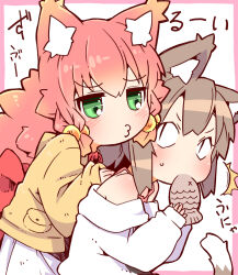  <|>_<|> 2girls ^^^ animal_ear_fluff animal_ears bare_shoulders blush border brown_hair cat_ears cat_girl cat_tail commentary_request double-parted_bangs eating food fox_ears fox_girl fox_tail gradient_border green_eyes hair_between_eyes hair_bobbles hair_ornament highres holding holding_food long_hair long_sleeves looking_at_another multiple_girls nomeoil o3o original outside_border pink_hair pleated_skirt shirt short_hair simple_background skirt tail taiyaki translation_request upper_body wagashi white_background white_shirt white_skirt yellow_shirt 