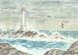  animal bird commentary_request day horizon landscape lighthouse no_humans ocean original outdoors painting_(medium) paruperu scenery shore sky traditional_media watercolor_(medium) waves 