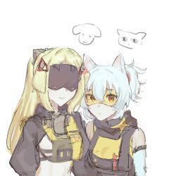  2girls bare_shoulders blonde_hair breasts cat_girl closed_mouth gloves goggles grey_hair long_hair looking_at_viewer mask multiple_girls nomura_(rxnt_n) orange-tinted_eyewear orange_eyes orange_visor ponytail short_hair simple_background sketch smile soldier_11_(zenless_zone_zero) sweatdrop tinted_eyewear trigger_(zenless_zone_zero) upper_body white_background white_hair zenless_zone_zero 