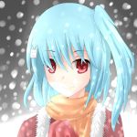  bili_girl bili_girl_33 blue_hair bust cold gosledging hair_ornament highres mittens personification red_eyes scarf side_ponytail snow snowing solo 