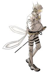  1boy assault_visor belt belt_buckle black_belt blonde_hair blue_eyes blue_streaks buckle closed_mouth cropped_jacket expressionless fu_(fujidou_2434) gloves headgear hibachi_mana hibachi_mana_(1st_costume) highres holding holding_sword holding_weapon jacket jewelry long_sleeves looking_ahead male_focus multicolored_eyes multicolored_hair necklace nijisanji o-ring o-ring_thigh_strap open_clothes open_jacket pants puffy_long_sleeves puffy_sleeves rapier shirt shoes short_hair simple_background solo standing streaked_hair sword thigh_strap turtleneck two-tone_eyes virtual_youtuber weapon white_background white_gloves white_jacket white_pants white_shirt white_shoes yellow_eyes 