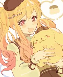  1girl :3 blonde_hair blush_stickers closed_eyes commentary frilled_sleeves frills gradient_hair hat heart heart-shaped_pupils highres holding long_hair long_sleeves multicolored_hair nekurothings official_alternate_costume open_mouth pink_eyes pink_hair pompompurin project_sekai sanrio smile symbol-shaped_pupils tenma_saki twintails twitter_username upper_body 