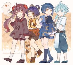  2boys 2girls absurdres adapted_costume aged_down ahoge animal animal_ears animal_nose aqua_pants aqua_shoes arm_armor artist_name autumn_leaves baggy_pants baggy_shorts bandaid bandaid_on_knee bandaid_on_leg bare_shoulders belt black_belt black_gloves blue_capelet blue_eyes blue_hair blue_jacket blue_shoes blue_shorts blue_socks boo_tao_(genshin_impact) book boots border bow bright_pupils brown_boots brown_dress brown_eyes brown_hair brown_ribbon brown_shoes brown_shorts buttons capelet chest_bow child chinese_clothes chongyun_(genshin_impact) clenched_hand closed_eyes closed_mouth collared_dress commentary dress fang fingerless_gloves flower flower-shaped_pupils food frills full_body genshin_impact ghost gloves gnyt0rxxnsq7777 gradient_hair guoba_(genshin_impact) hair_between_eyes hair_flower hair_ornament hair_rings hairclip hand_up highres holding holding_book holding_food holding_hands holding_popsicle hood hoodie hu_tao_(genshin_impact) jacket leaf long_hair long_sleeves looking_at_viewer midriff multicolored_hair multiple_boys multiple_girls navel neck_ribbon one_eye_closed open_mouth orange_background orange_bow orange_sash outside_border panda panda_ears pants pelvic_curtain pet popsicle purple_hair red_flower red_hair red_ribbon ribbon shirt shoes short_hair short_sleeves shorts sidelocks skin_fang smile socks standing standing_on_one_leg symbol-shaped_pupils tassel teeth tongue twintails two-tone_hair untranslatable_commentary vest watermark wavy_hair white_border white_hoodie white_pupils white_ribbon white_shirt white_socks wide_sleeves xiangling_(genshin_impact) xingqiu_(genshin_impact) yellow_eyes yellow_ribbon yellow_vest 