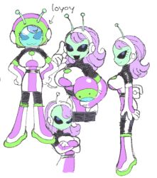  1girl :3 alien antennae black_eyes boots breasts character_name colored_skin dress elbow_gloves full_body gloves green_skin hands_on_own_hips helmet inkerton-kun large_breasts long_hair looking_at_viewer lowres loyoy_(inkerton-kun) multicolored_boots multicolored_dress multicolored_gloves multiple_views original pencil_dress purple_boots purple_dress purple_gloves purple_hair reference_sheet smile solid_eyes space_helmet two-tone_boots two-tone_gloves white_boots white_dress white_gloves 