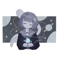 1girl closed_eyes commentary_request cross_hair_ornament cupping_hands facing_viewer ghost grid_background hair_ornament highres omochi_noa original outside_border own_hands_together planet school_uniform serafuku short_hair signature space upper_body 