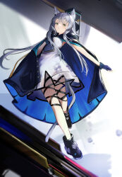  1girl :< absurdres animal_ear_fluff animal_ears ankle_boots arknights black_boots black_cape blue_cape book boots cape closed_mouth colored_eyelashes commentary dress fingerless_gloves floating full_body gloves green_eyes grey_hair highres holding holding_book infection_monitor_(arknights) light_blush long_hair looking_at_viewer multiple_thigh_straps peno purple_gloves rosmontis_(arknights) solo thigh_strap two-sided_cape two-sided_fabric white_dress 