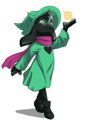  1boy 2019 2d animal_ears anthro arm_up black_boots black_fur body_fur boots commentary deltarune deviantart_sample digital_media droopy_ears english_commentary fangs floppy_ears full_body furry furry_male glasses goat goat_boy green_hat green_robe hat heart_print highres horns image_sample looking_up male male_focus male_only nanobanana paws pink_scarf print_robe ralsei ralsei_(hat) robe round_eyewear scarf simple_background solo transparent_background utdr_(toby_fox) walking wizard_hat 