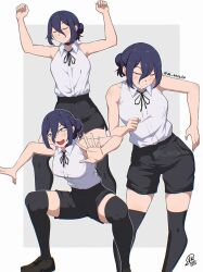  1girl black_hair black_shorts black_thighhighs blush breasts chainsaw_man closed_eyes closed_mouth commentary dancing english_commentary green_eyes hair_between_eyes hair_bun jk_arts medium_breasts multiple_views open_mouth reze_(chainsaw_man) shirt short_hair shorts smile solo squatting teeth thigh-highs upper_teeth_only white_background 