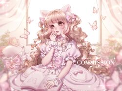  1girl \||/ aegyo_sal animal_ear_fluff animal_ears artist_name bare_arms blonde_hair blurry blurry_foreground blush book book_on_lap bow bow_choker bowtie breasts bright_pupils brown_eyes bug butterfly cat_ears center_frills choker closed_mouth collarbone commentary commission cross-eyed cross-laced_clothes cross-laced_dress curly_hair curtains day dress english_commentary fake_animal_ears fingernails floral_background frilled_bow frilled_choker frilled_dress frilled_sleeves frilled_wrist_cuffs frills gem hair_bow hair_intakes hand_on_own_cheek hand_on_own_face hand_up heart heart-shaped_gem heart-shaped_pupils heart_in_eye highres indoors leaf long_hair marellowe open_book original pearl_hair_ornament pink_bow pink_bowtie pink_butterfly pink_choker pink_dress pink_gem pink_lips puffy_short_sleeves puffy_sleeves see-through_curtains short_sleeves sidelocks sitting sky small_breasts solo sparkle symbol-shaped_pupils symbol_in_eye tareme two_side_up upper_body very_long_hair watermark white_pupils white_sky window wrist_cuffs 