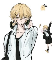  +++ 1boy 1girl @_@ alternate_costume alternate_hairstyle arm_up baby_animal bag bandaid bandaid_on_neck bat_(animal) bird black_bag black_bow black_bowtie black_jacket black_necktie black_skirt black_sleeves black_socks blazer blonde_hair blush_stickers bow bowtie brown_shoes chick closed_eyes collarbone cotton_candy don_quixote_(project_moon) facing_another food food_in_mouth hair_between_eyes hair_ornament hair_tie hairclip hand_up hashtag-only_commentary headphones headphones_around_neck highres holding holding_cotton_candy holding_food jacket lapels light_blush limbus_company long_sleeves looking_at_viewer necktie open_clothes open_jacket pleated_skirt pocky pocky_in_mouth project_moon rugatu_to school_uniform shirt shoes shoulder_bag sinclair_(project_moon) skirt socks tsurime undershirt white_background white_shirt white_sleeves yellow_eyes 