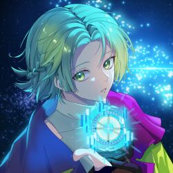  1other absurdres black_gloves bloom blunt_sidelocks braid clothing_cutout coat commentary_request curtained_hair expressionless floating_hair gloves glowing_object gnosia gradient_hair green_coat green_eyes green_hair grey_shirt half_up_braid hand_up highres index_finger_raised looking_at_viewer multicolored_coat multicolored_hair object_floating_above_hand other_focus parted_bangs parted_lips partially_fingerless_gloves shirt short_hair sidelocks silver_key_(gnosia) solo star_(sky) starry_sky_background teeth turtleneck turtleneck_shirt upper_body variant_set xiongji_z_z yuri_(gnosia) 