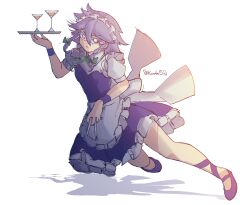  1girl alcohol apron balancing blue_dress blue_skirt blue_wrist_cuffs bow braid braided_sidelocks clenched_teeth cocktail_glass commentary cross-laced_sandals cup double-parted_bangs dress dress_over_shirt drinking_glass english_commentary falling floating_clothes floating_hair frilled_skirt frills green_bow grey_eyes grey_hair hair_between_eyes hair_bow highres holding holding_tray izayoi_sakuya karebu52 lens_flare low-tied_sidelocks maid_apron maid_headdress medium_hair open_mouth pleated_skirt puffy_short_sleeves puffy_sleeves purple_shoes shirt shoes short_sleeves sidelocks simple_background skirt solo spiky_hair strapless strapless_dress teeth touhou tray twitter_username v-shaped_eyebrows white_apron white_background white_shirt wrist_cuffs 