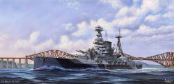  absurdres anti-aircraft_gun battleship bridge casemate clouds cloudy_sky commentary_request highres hms_barham_(04) military_vehicle ocean original outdoors royal_navy sailing scenery ship ship_turret signal_flag signature sky smokestack vehicle_focus vortex_(xu_xuanwo) warship watercraft 