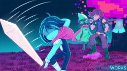  1boy 1girl 1other 2019 2d ambiguous_gender animal_ears anthro aqua_background armlet armor armored_boots artist_name attacking axe black_armlet black_boots black_jacket blue_hair blue_skin blush_stickers body_fur bodysuit boots closed_eyes closed_mouth colored_sclera colored_skin colored_teeth commentary cyaneworks deltarune digital_media droopy_ears english_commentary fangs female floppy_ears full_body furry furry_male gauntlets glasses goat goat_boy gradient_background grass green-framed_eyewear green-tinted_eyewear green_hat green_robe hair_over_eyes hat holding holding_axe holding_sword holding_weapon horns human in-universe_location jacket kris_(dark_world)_(deltarune) kris_(deltarune) lizard lizard_girl lizard_tail long_hair long_sleeves male monster monster_girl pants pink_hair pink_scarf pink_skin purple_pants ralsei ralsei_(hat) reptile reptile_girl reptile_tail robe rock round_eyewear scalie scarf sharp_teeth short_hair skin_fangs sleeveless sleeveless_jacket slit_pupils smile spiked_armlet standing stepped_on susie_(dark_world)_(deltarune) susie_(deltarune) sword tail teeth tinted_eyewear tree trio utdr_(toby_fox) weapon white_fur wizard_hat yellow_sclera yellow_teeth 