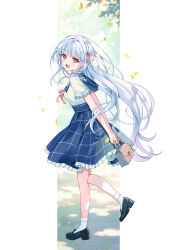  1girl absurdres bag black_shoes blue_sailor_collar blue_skirt commentary_request falling_leaves frilled_skirt frills from_side full_body grey_bag hair_intakes high-waist_skirt highres holding holding_bag iku2727 leaf long_hair looking_at_viewer looking_to_the_side original red_eyes sailor_collar school_uniform shirt shoes skirt socks very_long_hair walking white_hair white_shirt white_socks 